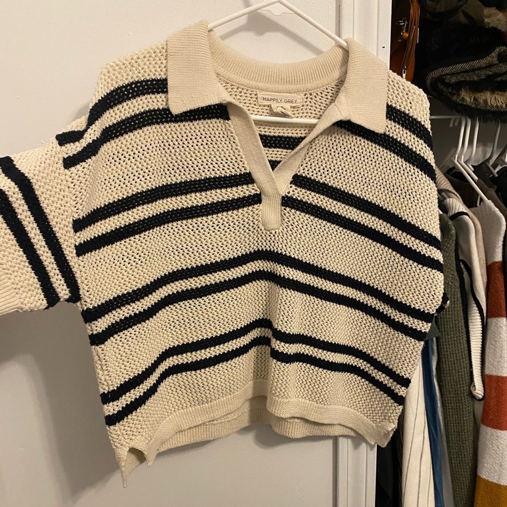 Happily Grey Cropped Knit Polo Sweater